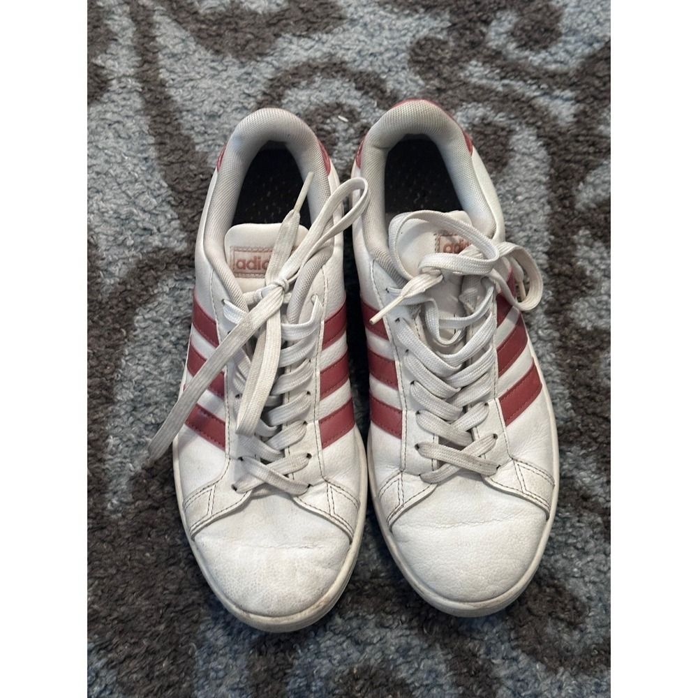 Adidas Grand Court White Burgundy Stripe Leather Sneakers Athletic Shoes